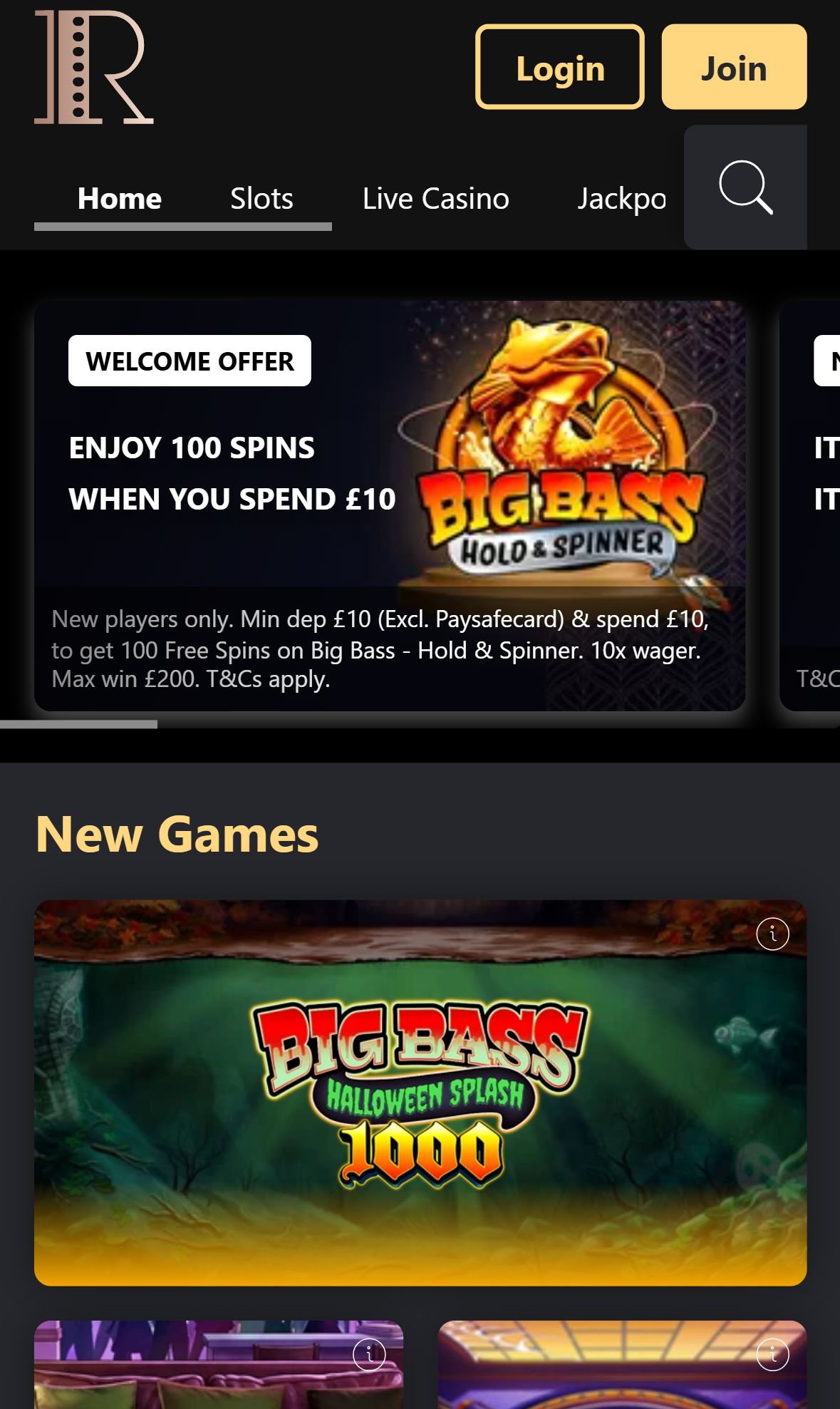 Rialto Casino — Homepage (Mobile)