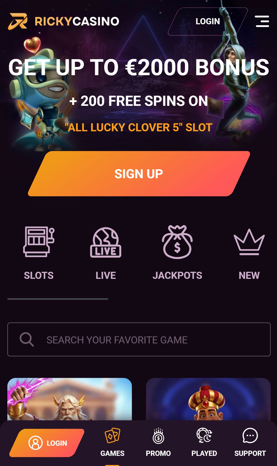 Ricky Casino — Lobby (Mobile)