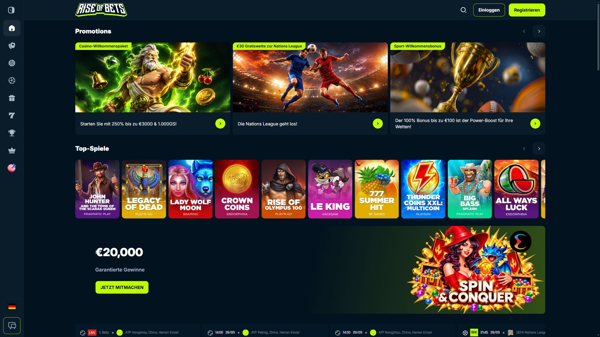 Rise of Bets — Startseite (Desktop)