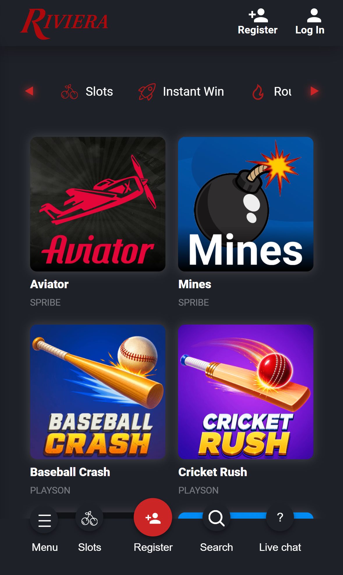 Riviera Casino — Lobby (Mobile)