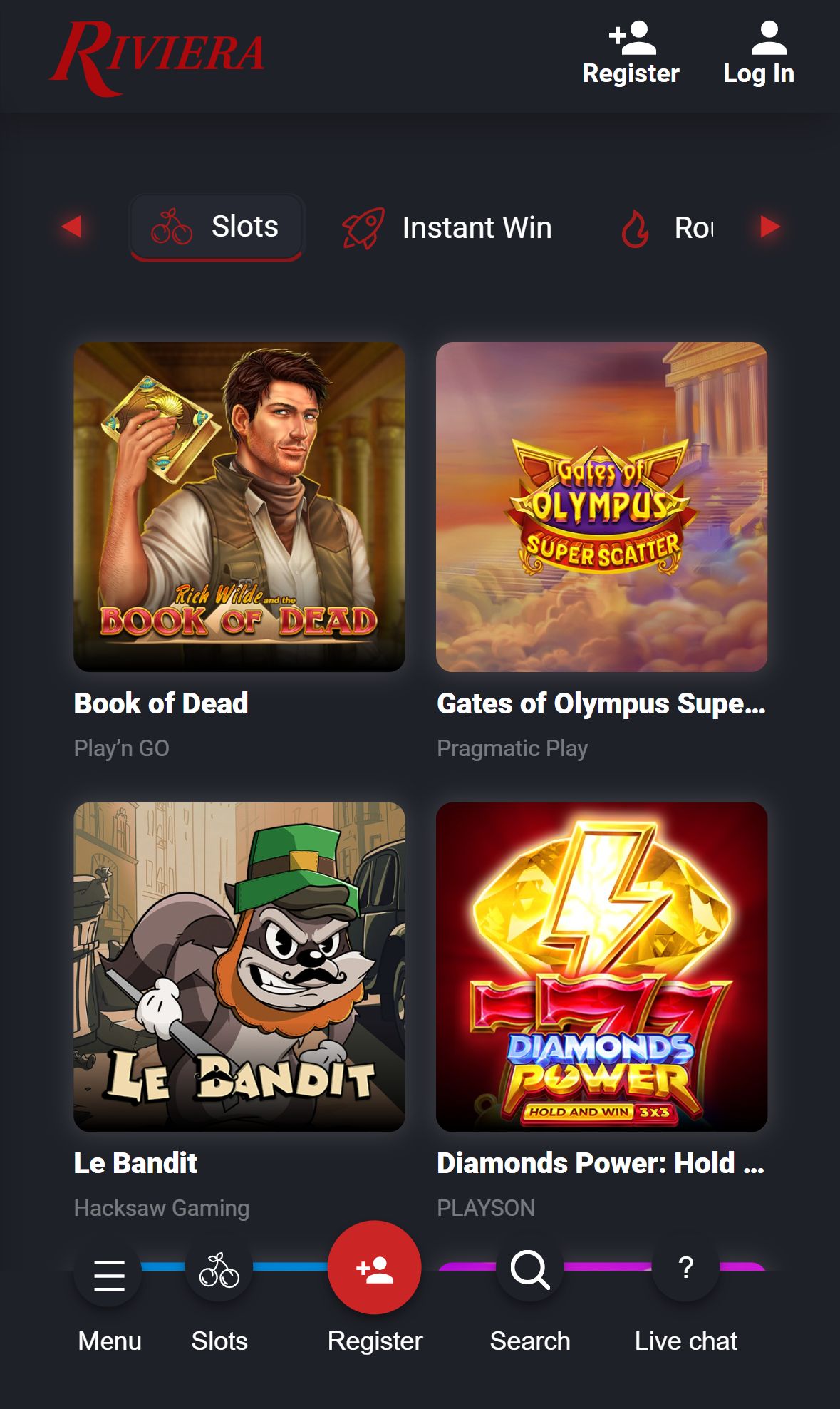 Riviera Casino — Homepage (Mobile)