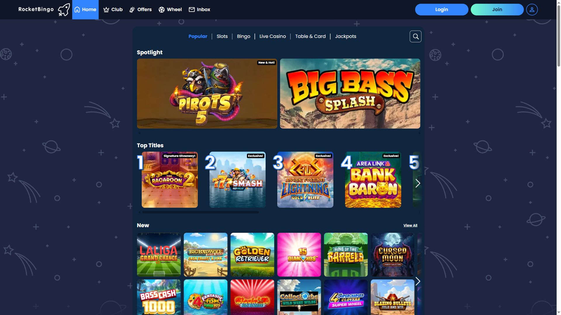 Rocket Bingo — Lobby (Desktop)