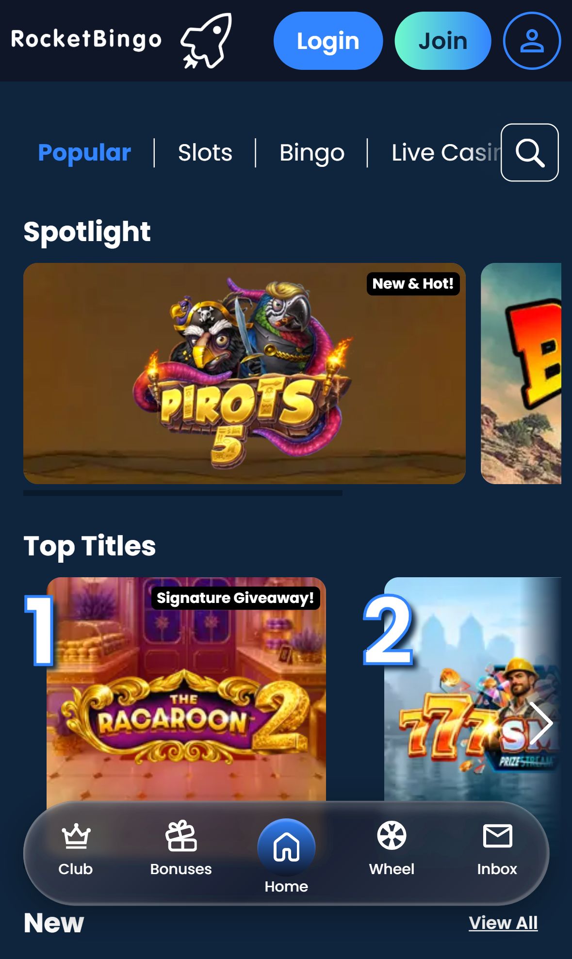 Rocket Bingo — Lobby (Mobile)