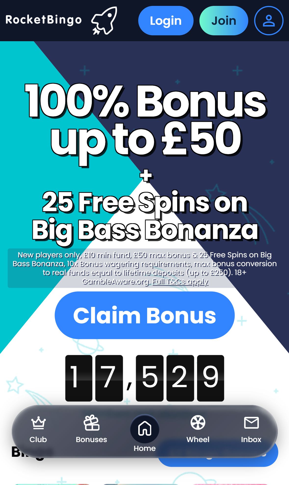 Rocket Bingo — Homepage (Mobile)