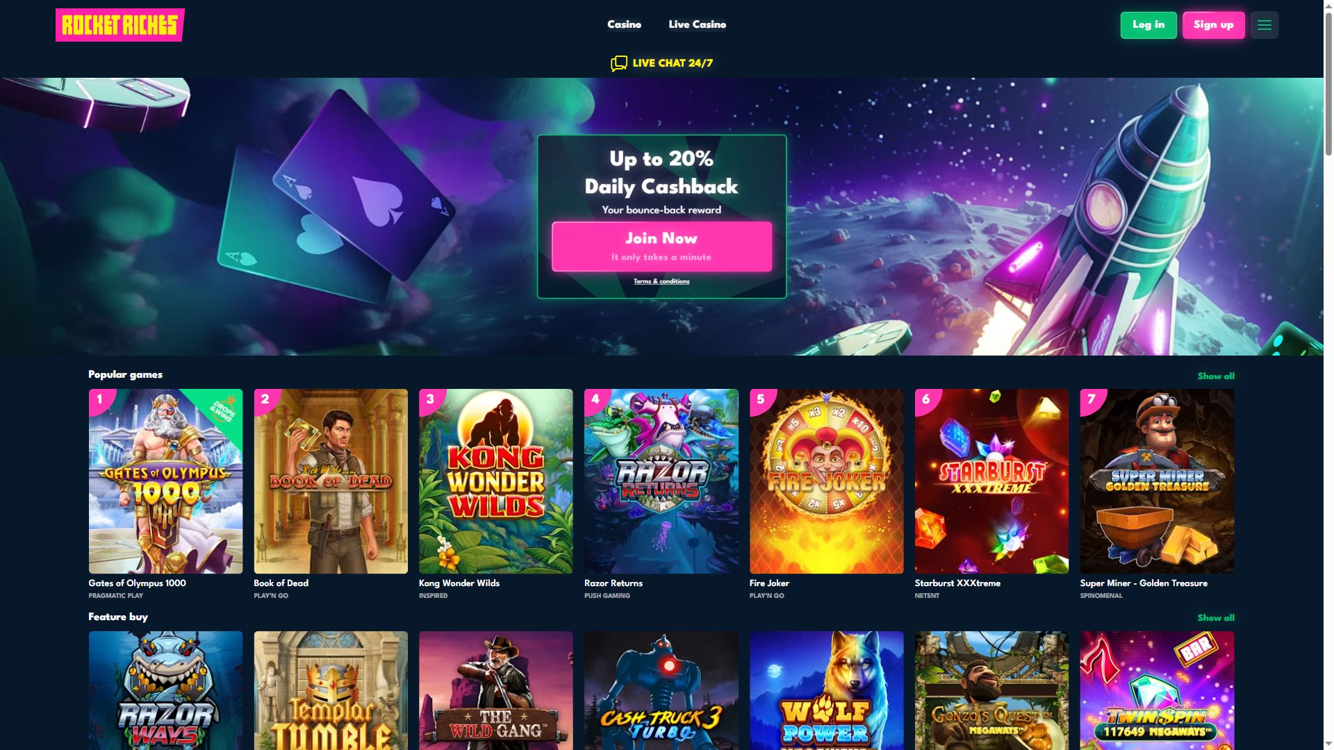 Rocket Riches — Homepage (Desktop)
