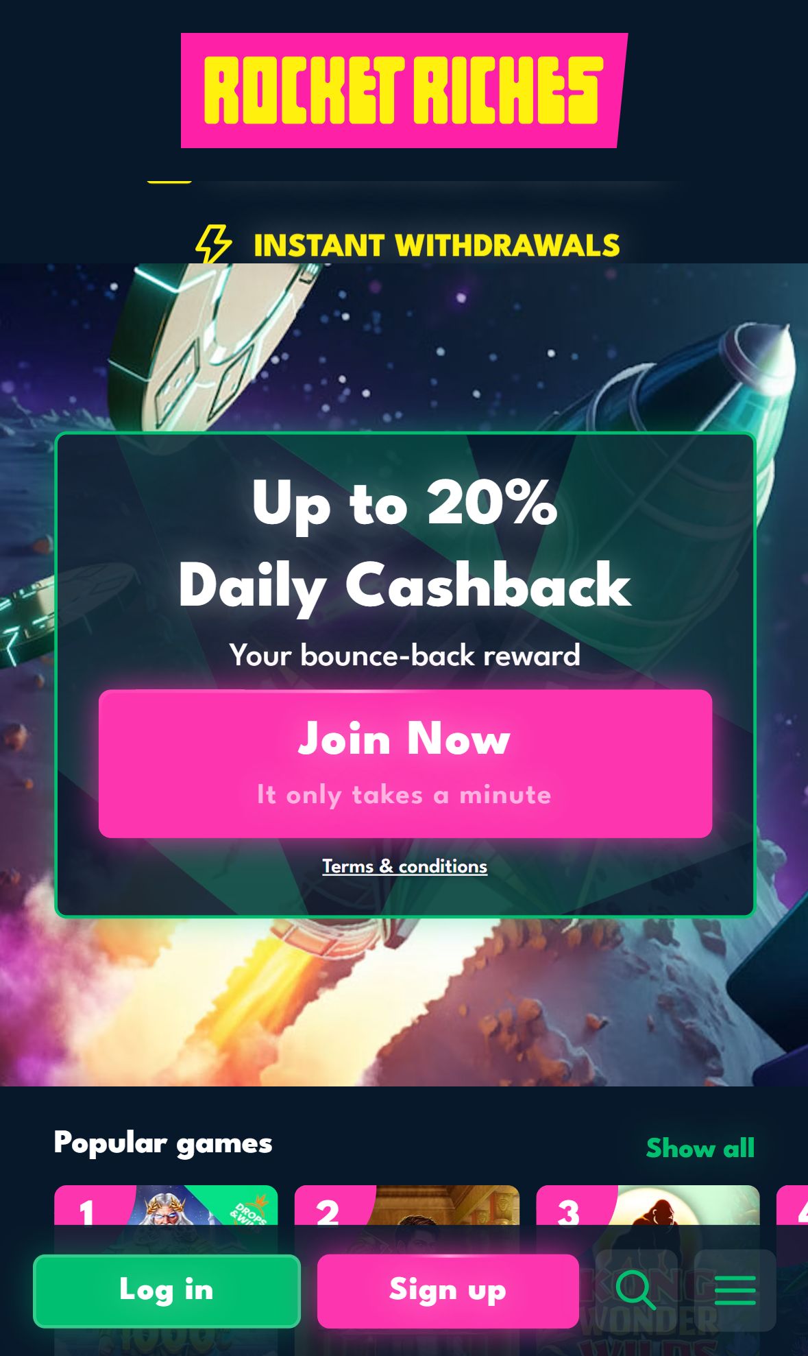 Rocket Riches — Homepage (Mobile)