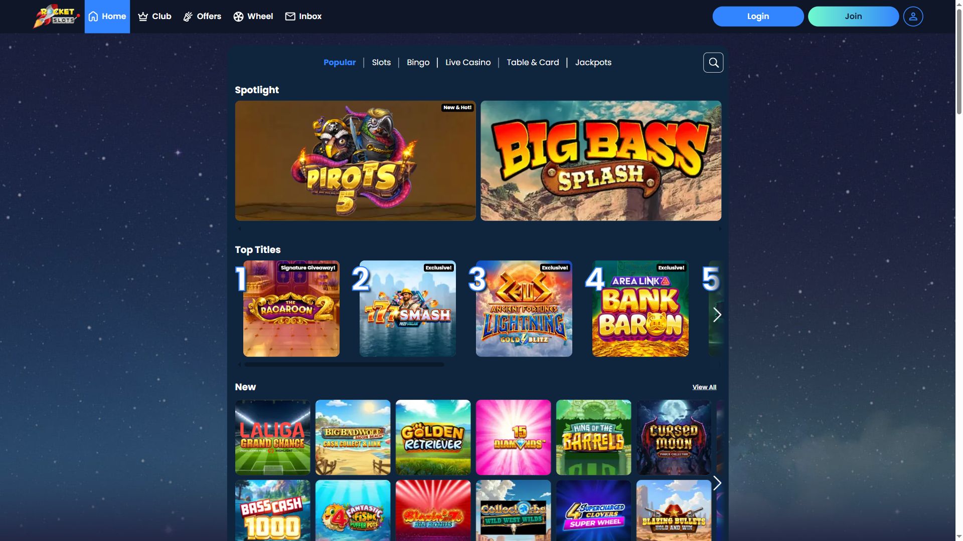 Rocket Slots — Lobby (Desktop)