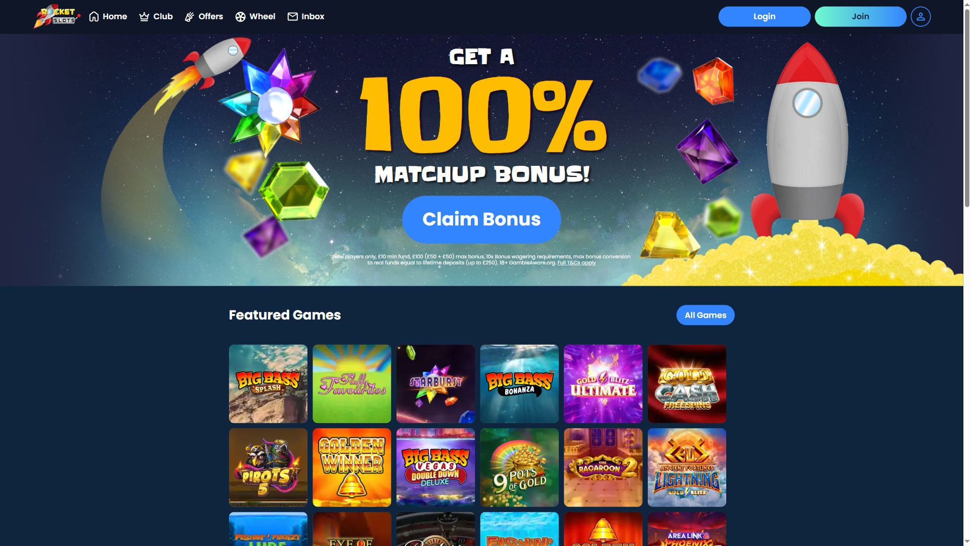 Rocket Slots — Homepage (Desktop)