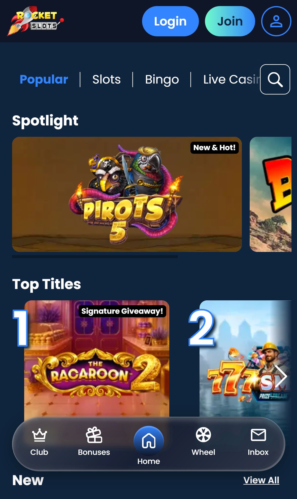 Rocket Slots — Lobby (Mobile)