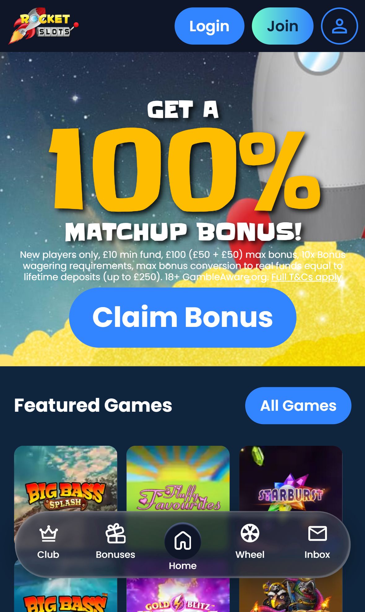 Rocket Slots — Homepage (Mobile)