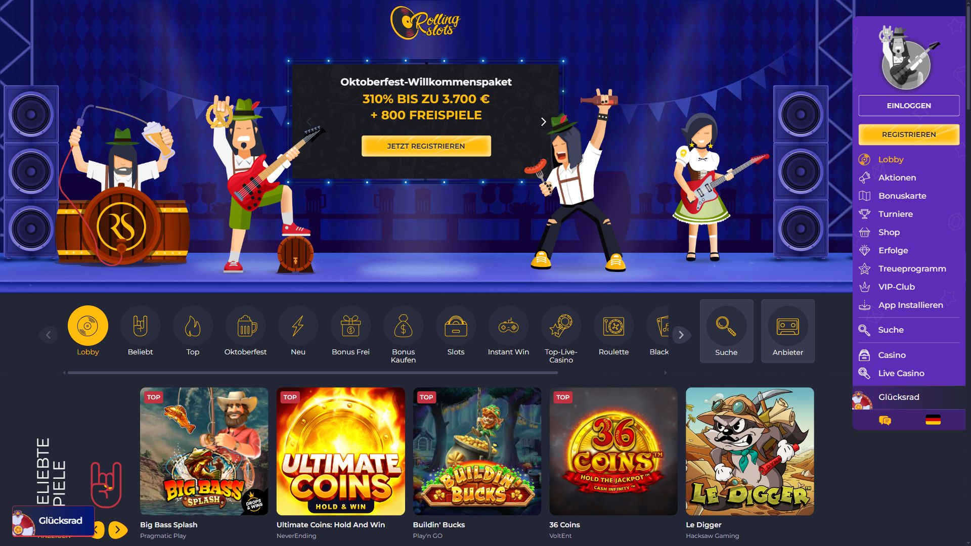 Rolling Slots — Startseite (Desktop)