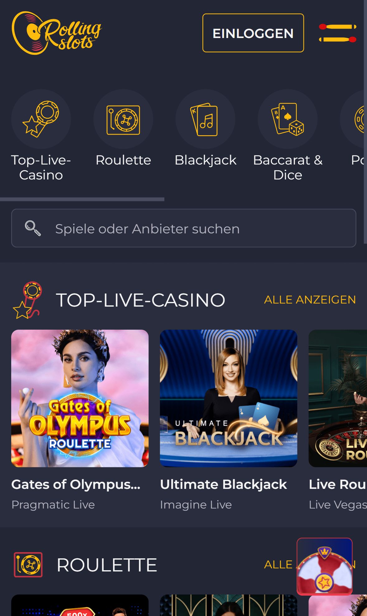 Rolling Slots — Lobby (Mobil)