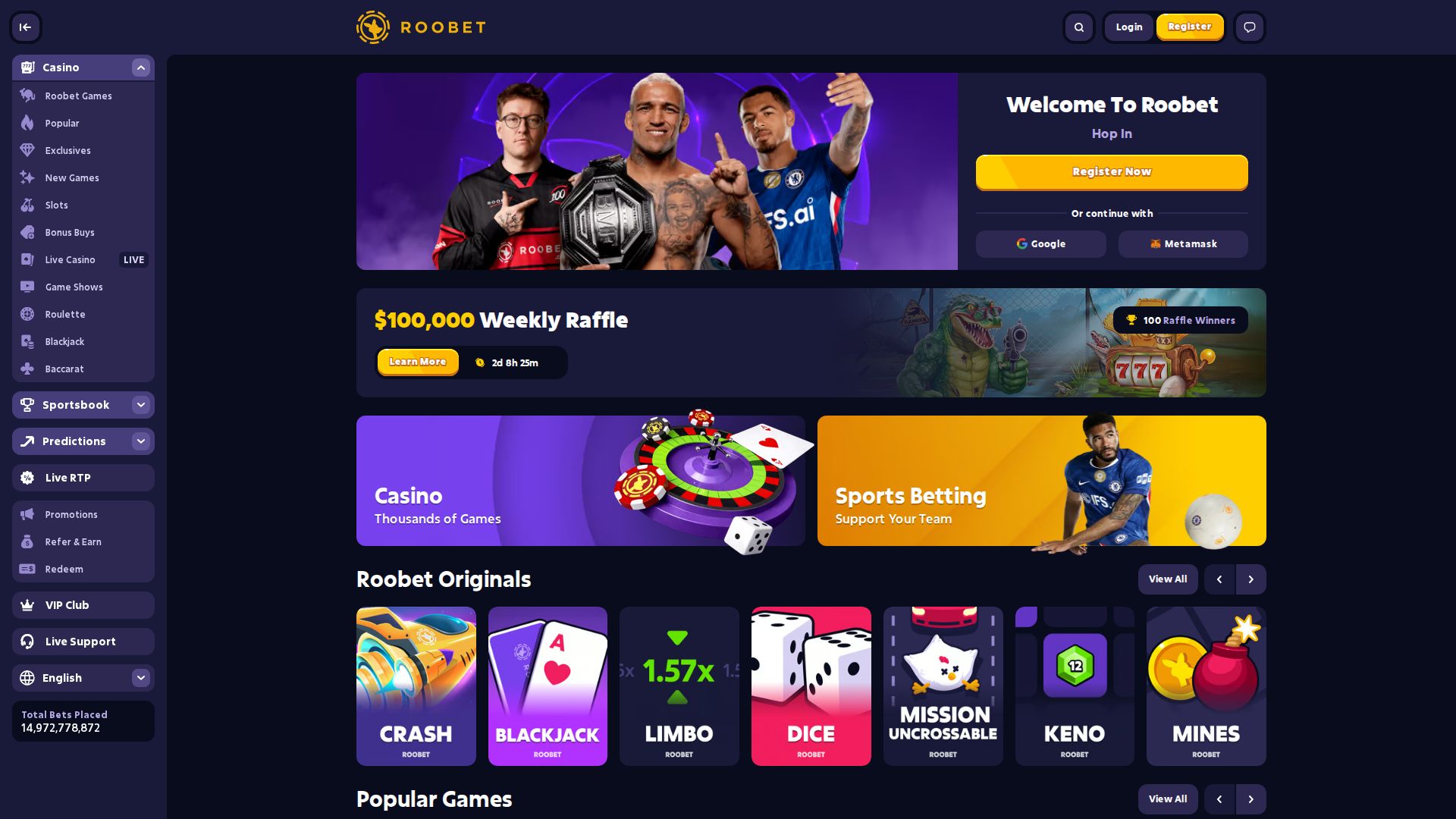 Roobet — Startseite (Desktop)