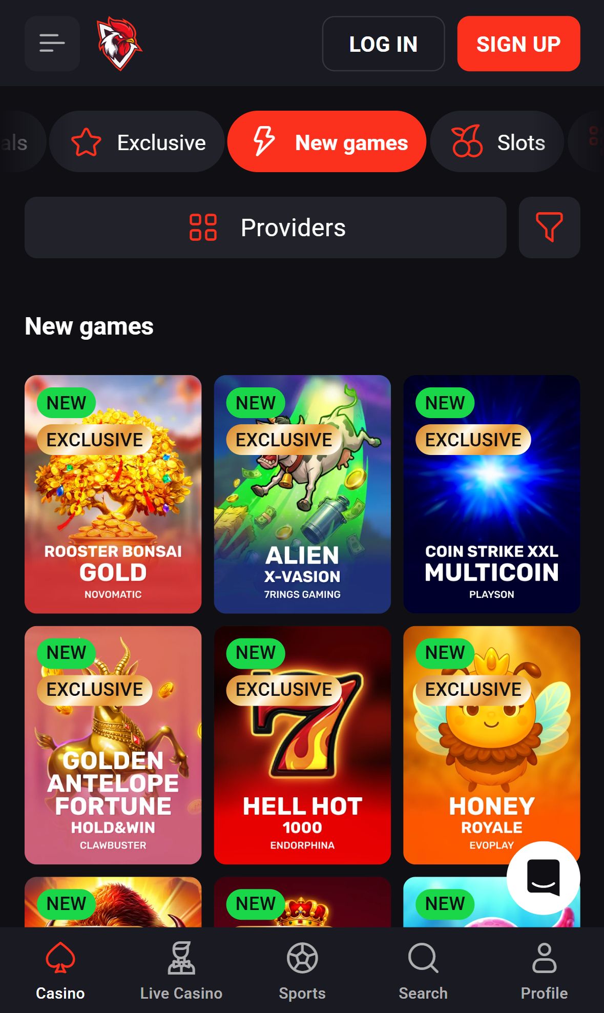 Rooster Bet — Lobby (Mobile)
