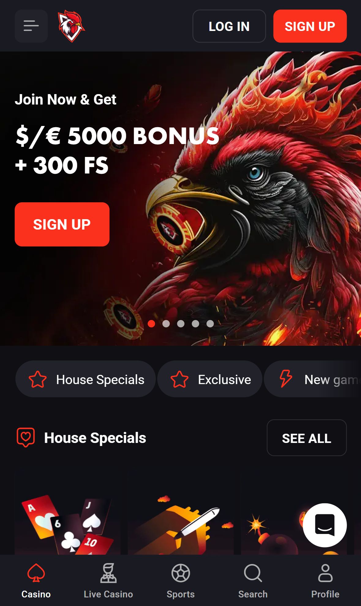 Rooster Bet — Homepage (Mobile)