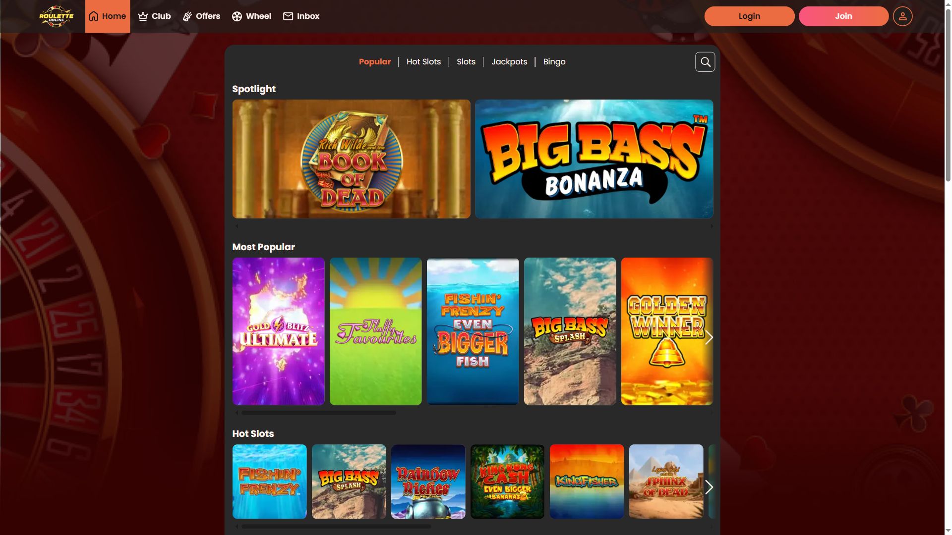 RouletteOnline — Lobby (Desktop)