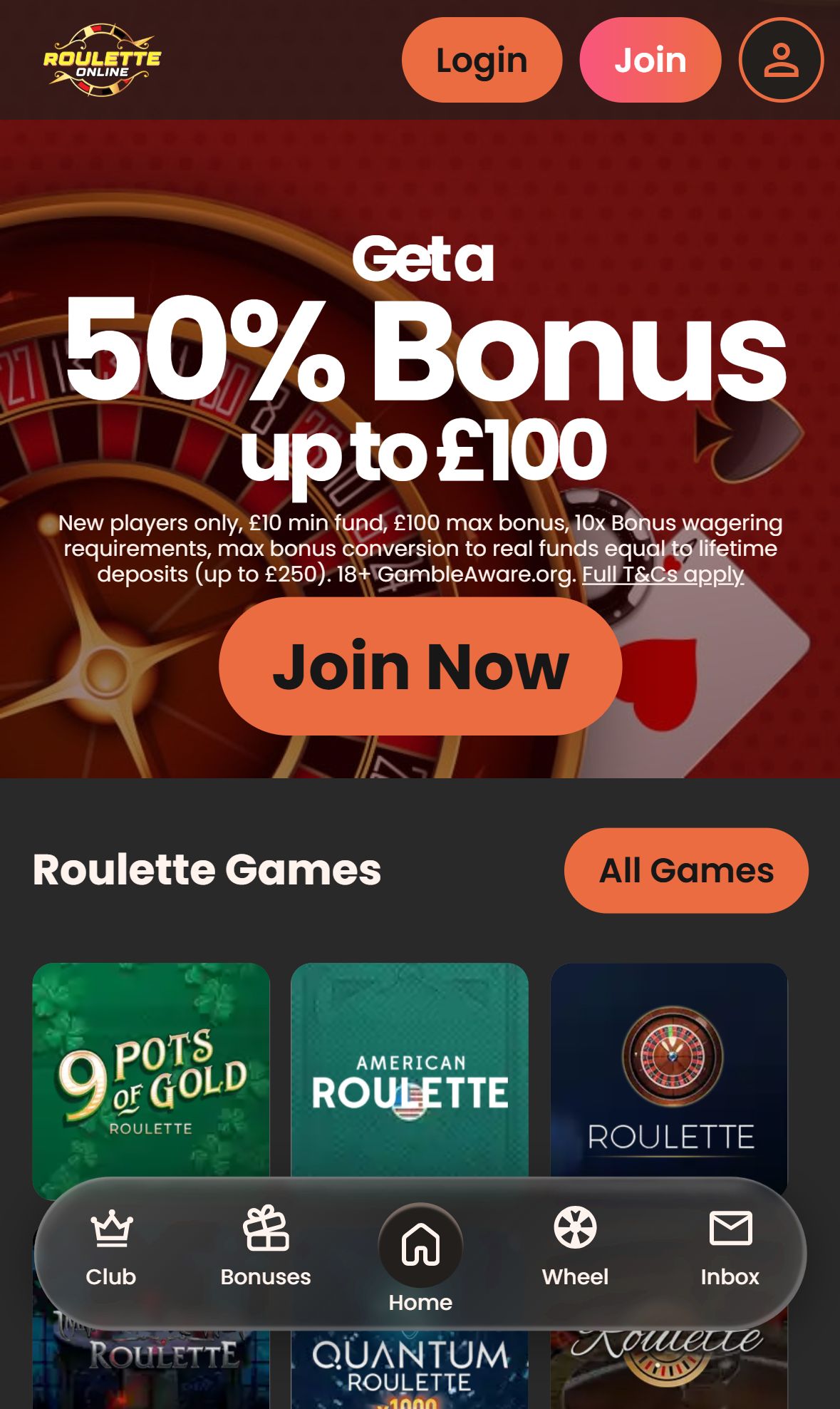 RouletteOnline — Homepage (Mobile)