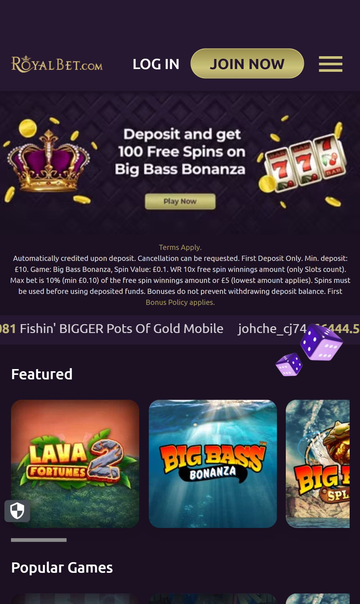 Royalbet — Homepage (Mobile)