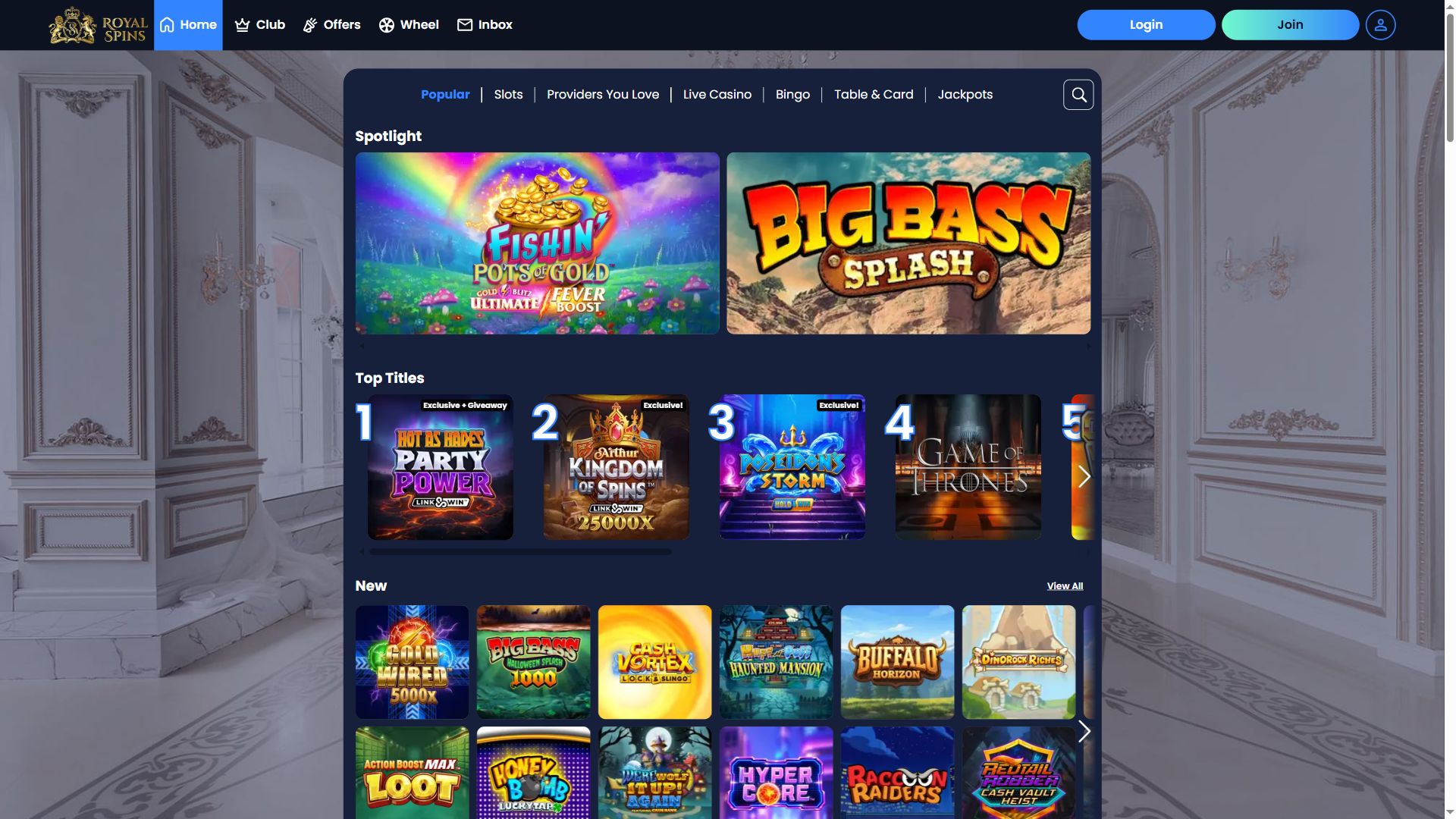 Royal Spins — Lobby (Desktop)