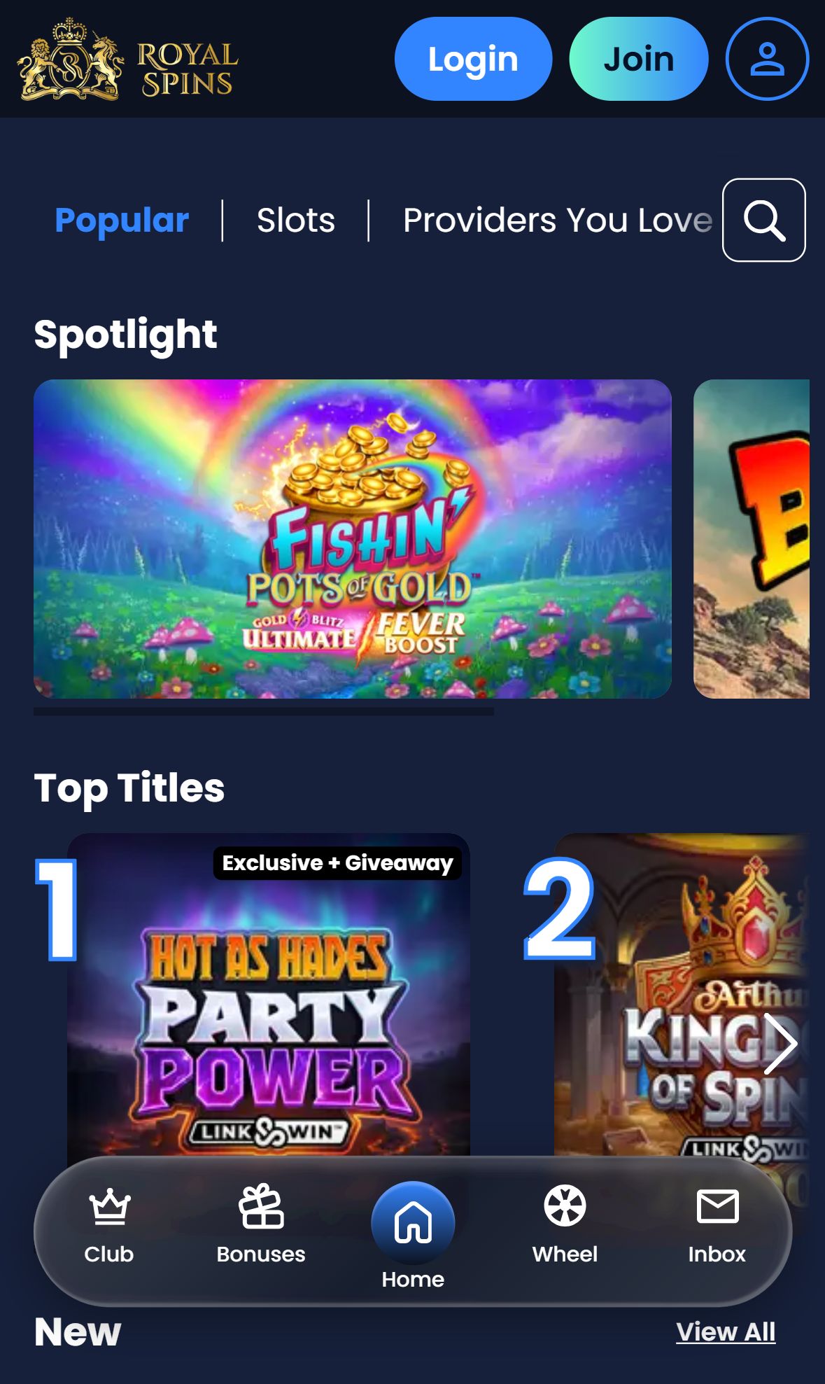 Royal Spins — Lobby (Mobile)