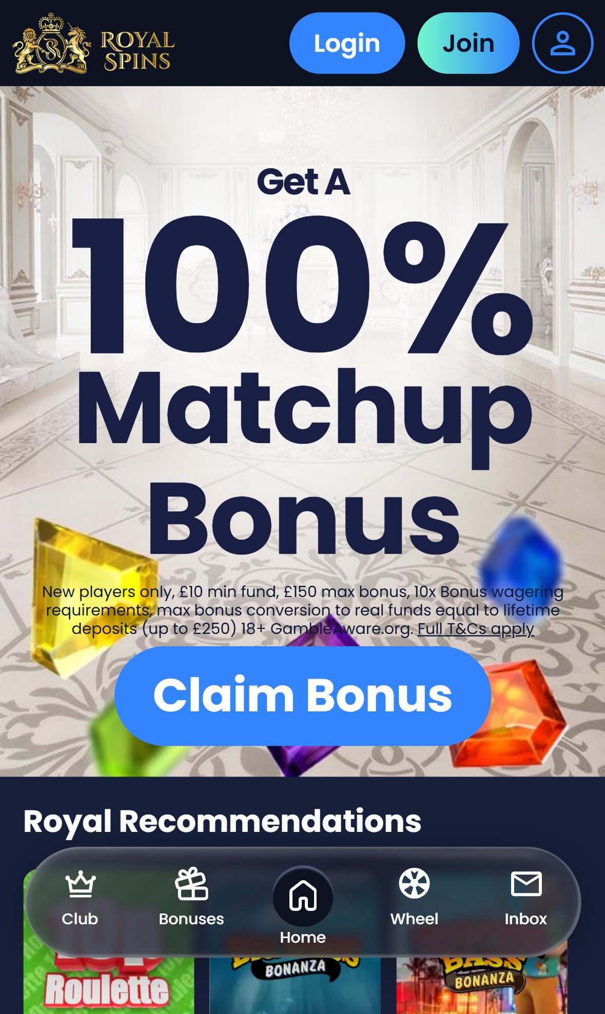 Royal Spins — Homepage (Mobile)