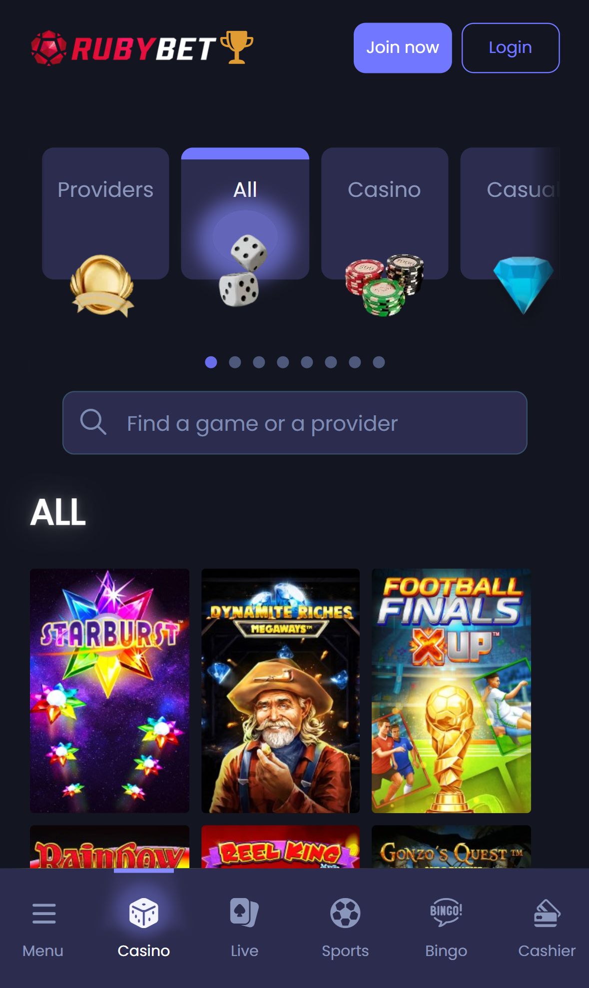 Ruby Bet — Lobby (Mobile)