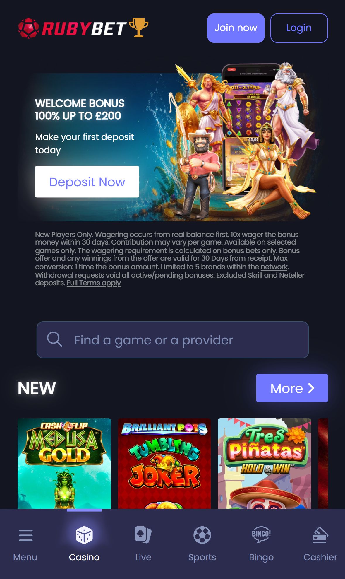 Ruby Bet — Homepage (Mobile)