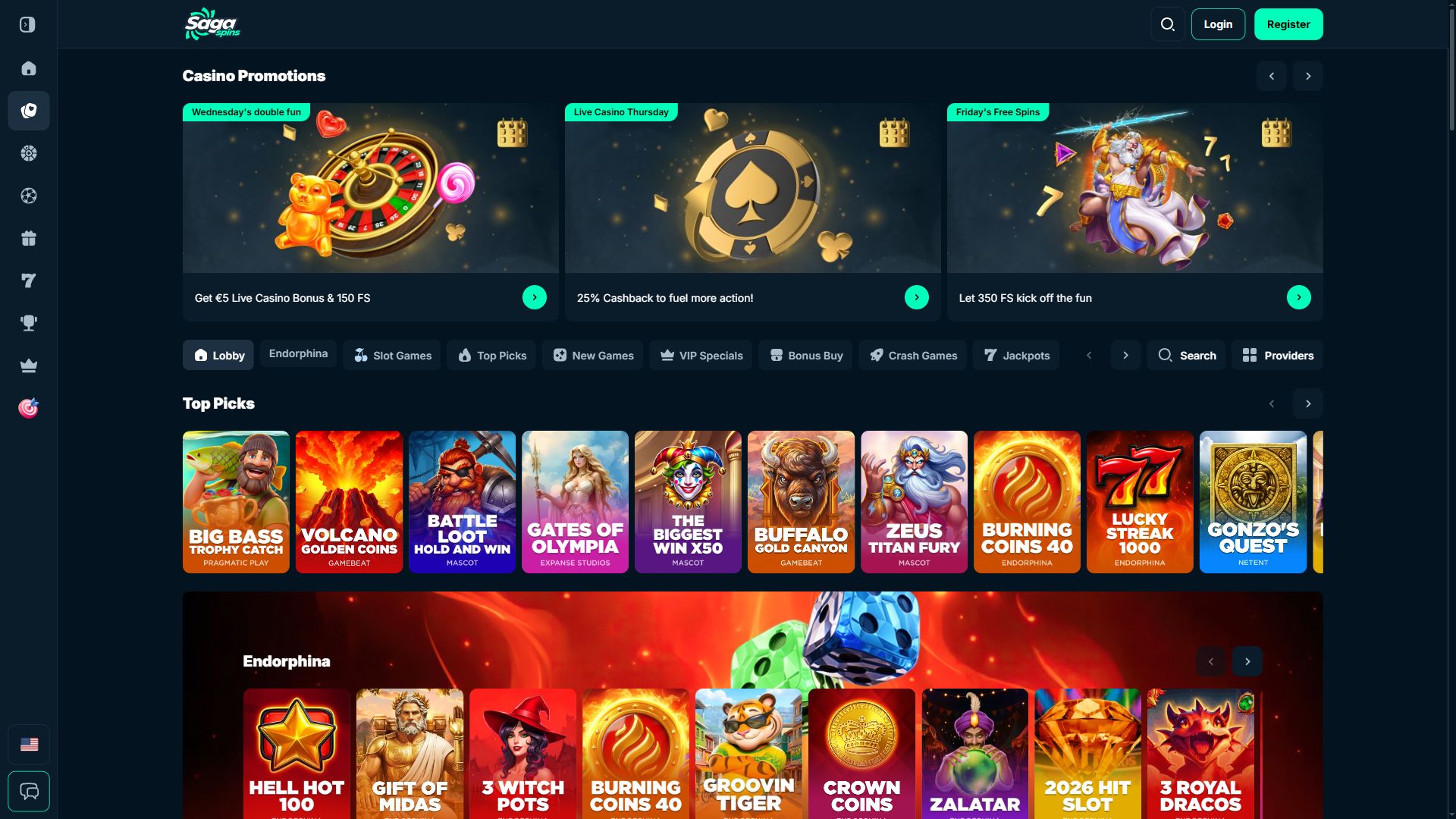 SagaSpins — Lobby (Desktop)
