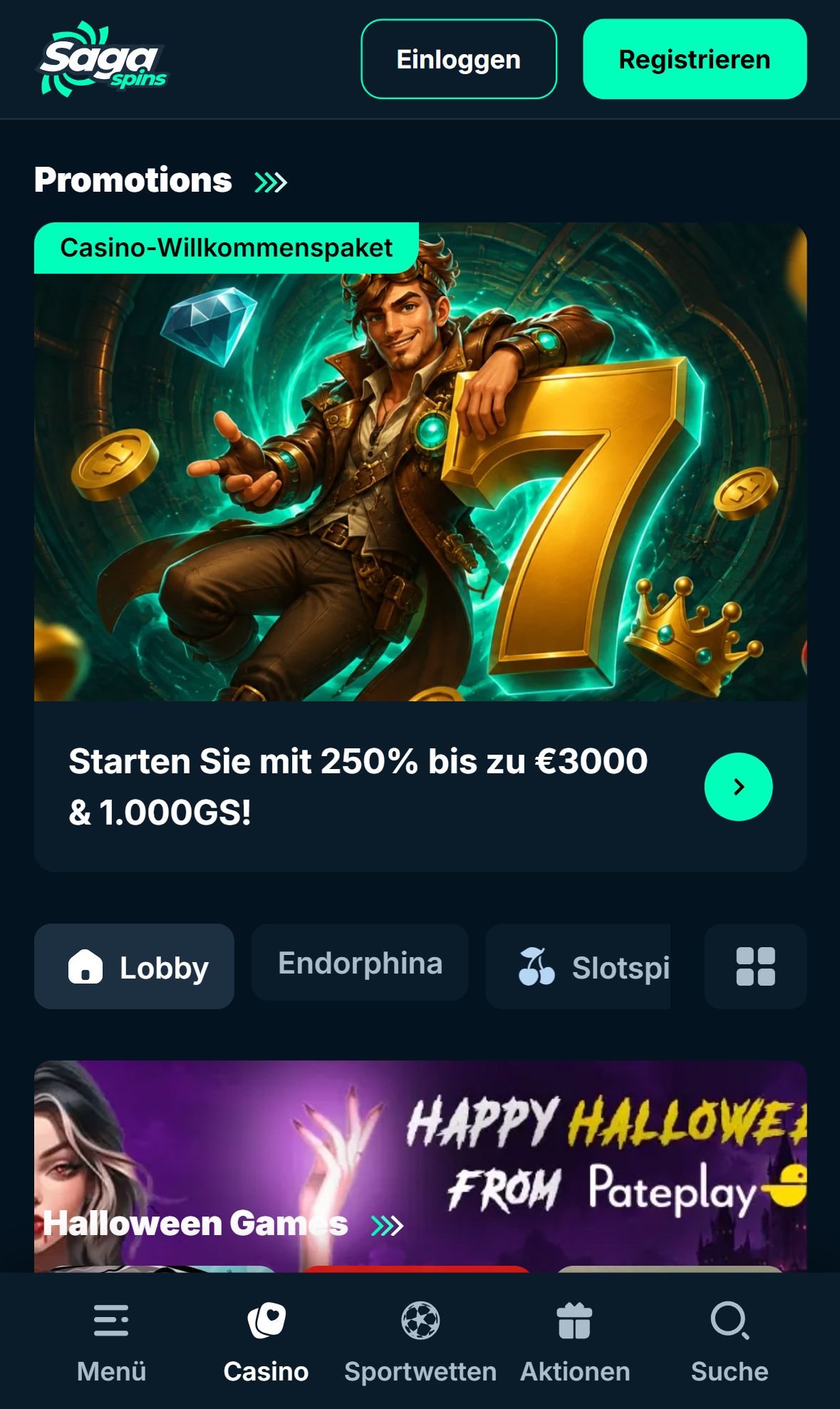SagaSpins — Startseite (Mobil)