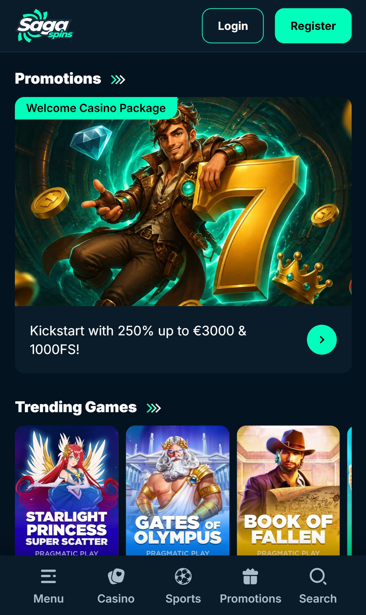 SagaSpins — Homepage (Mobile)