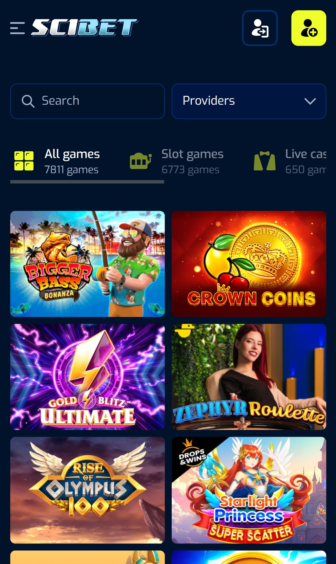Scibet — Lobby (Mobile)