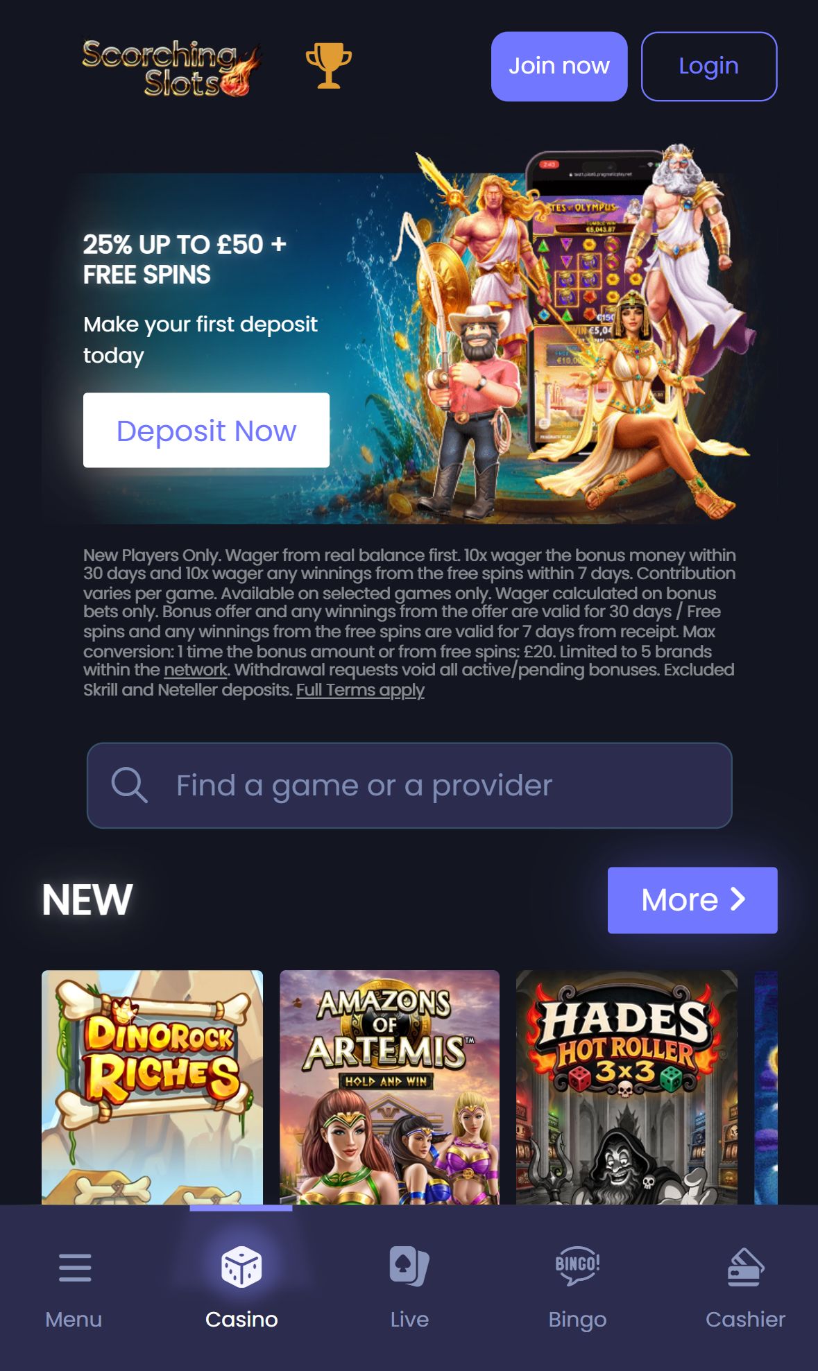 Scorching Slots — Homepage (Mobile)