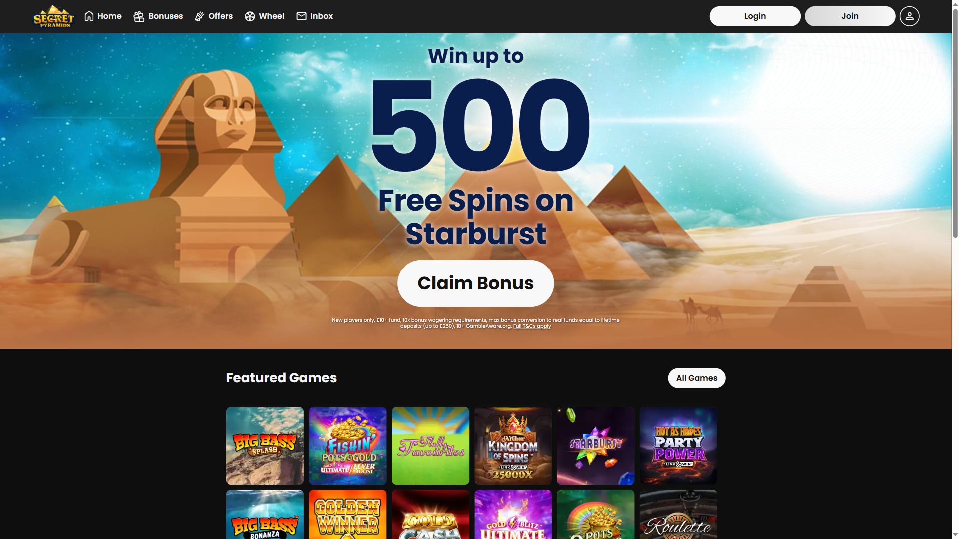 Secret Pyramids — Homepage (Desktop)