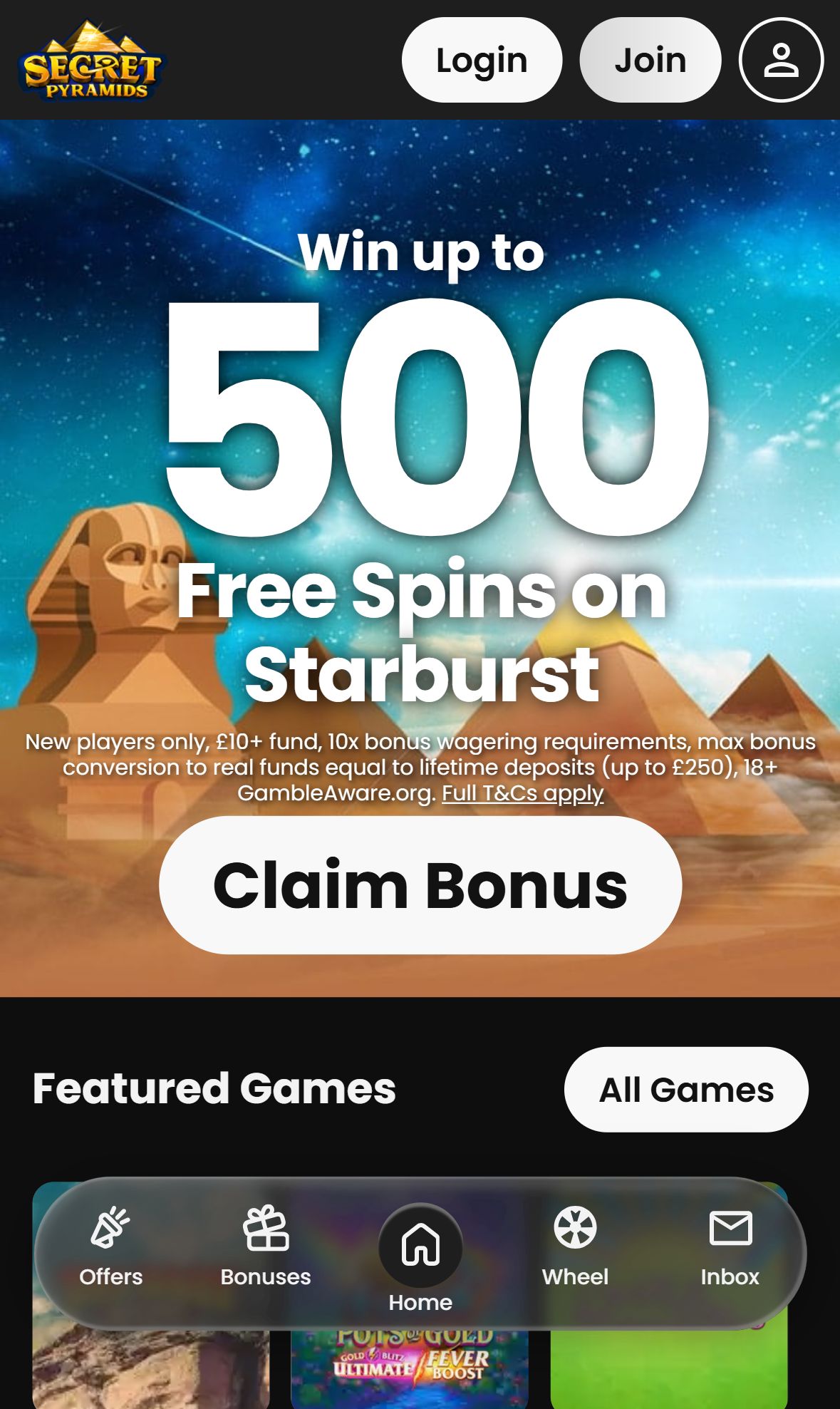 Secret Pyramids — Homepage (Mobile)