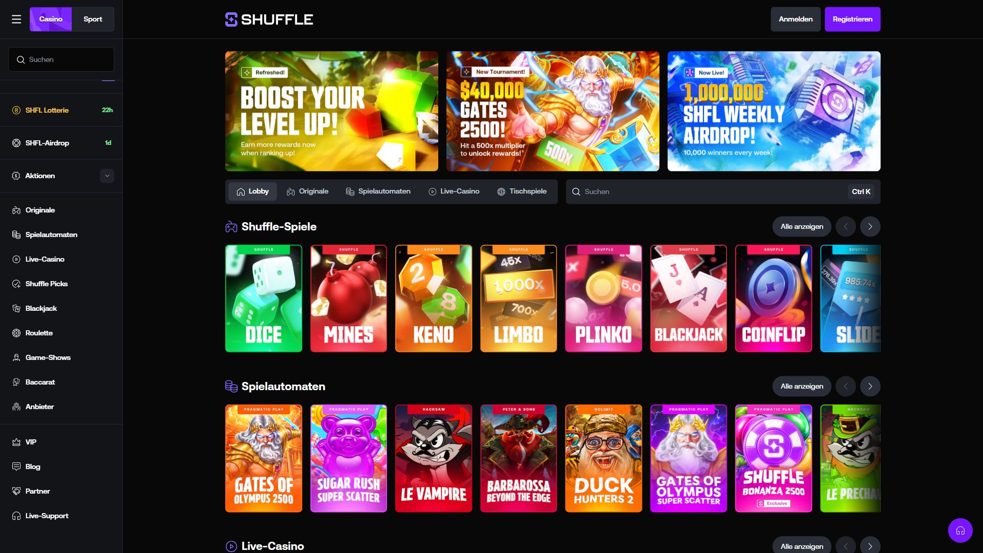 Shuffle — Startseite (Desktop)