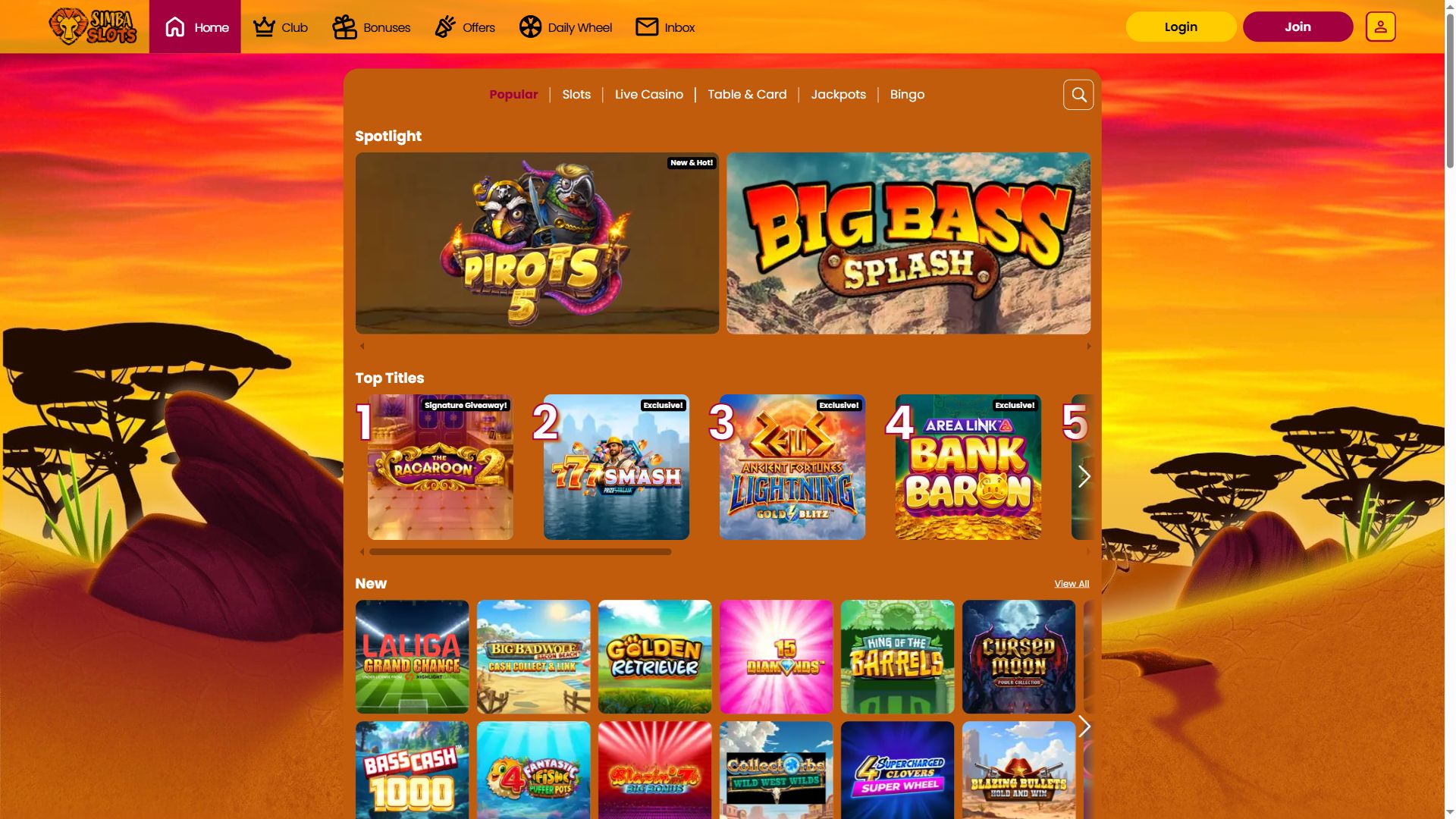 Simba Slots — Lobby (Desktop)