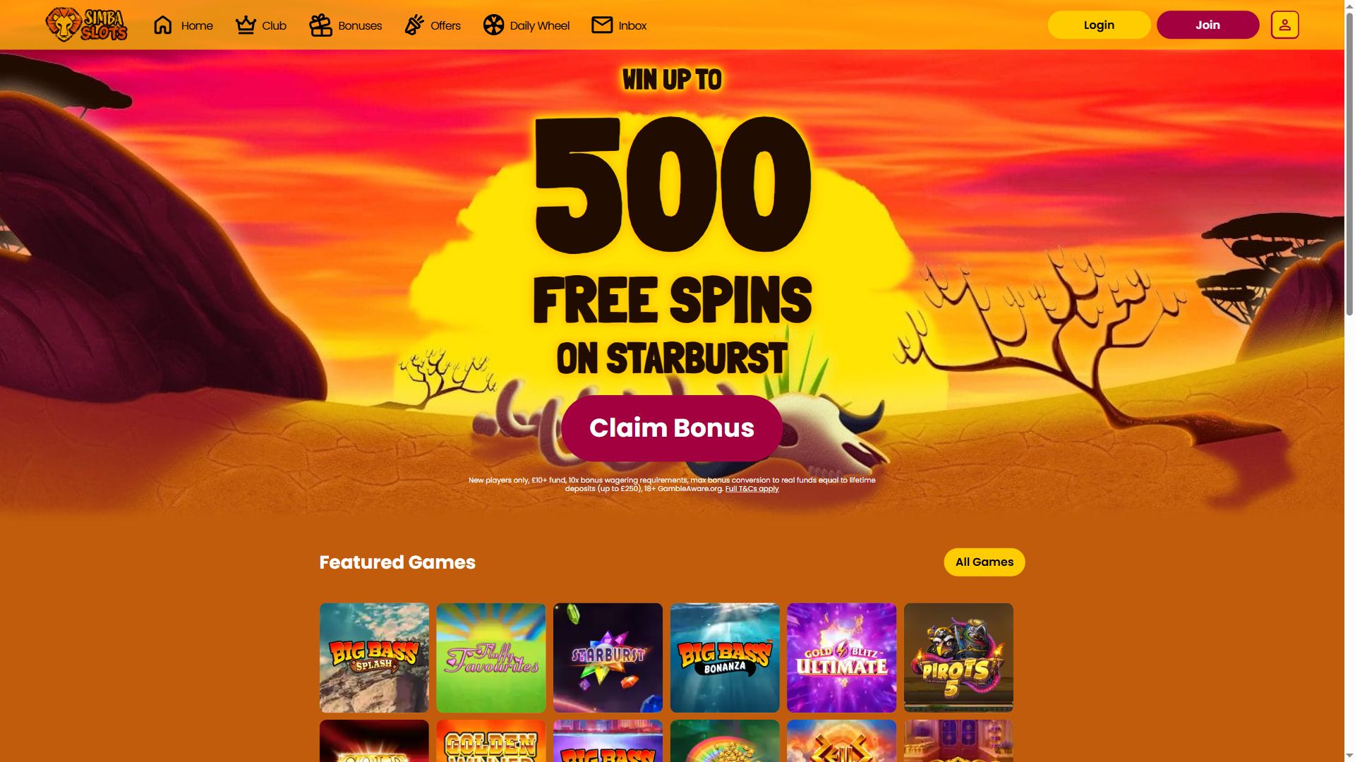 Simba Slots — Homepage (Desktop)