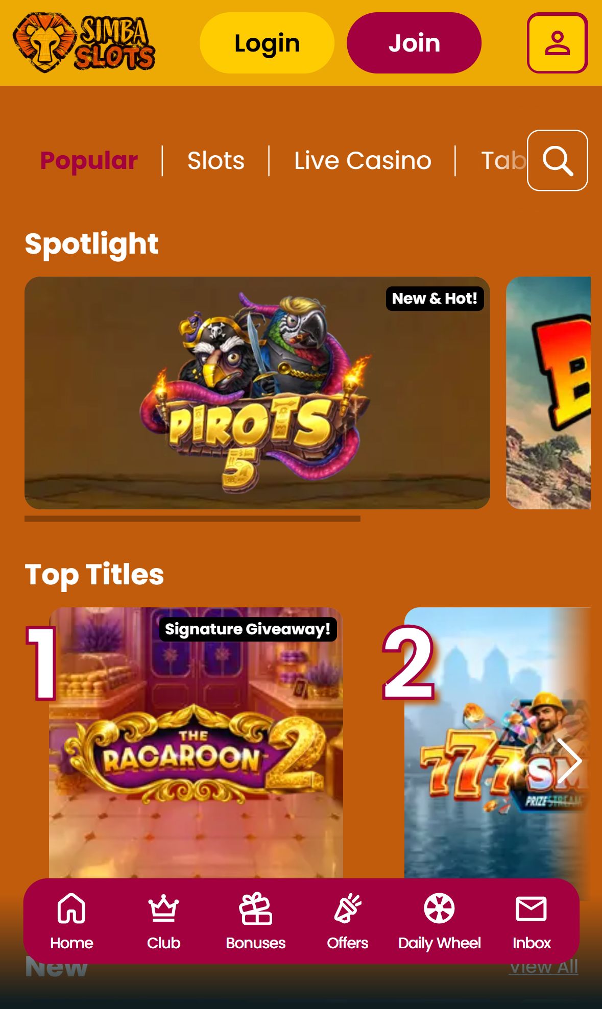 Simba Slots — Lobby (Mobile)