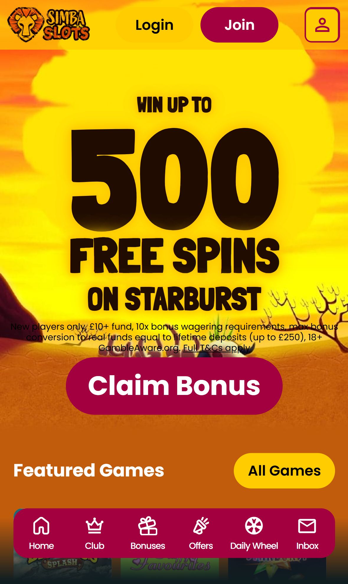 Simba Slots — Homepage (Mobile)