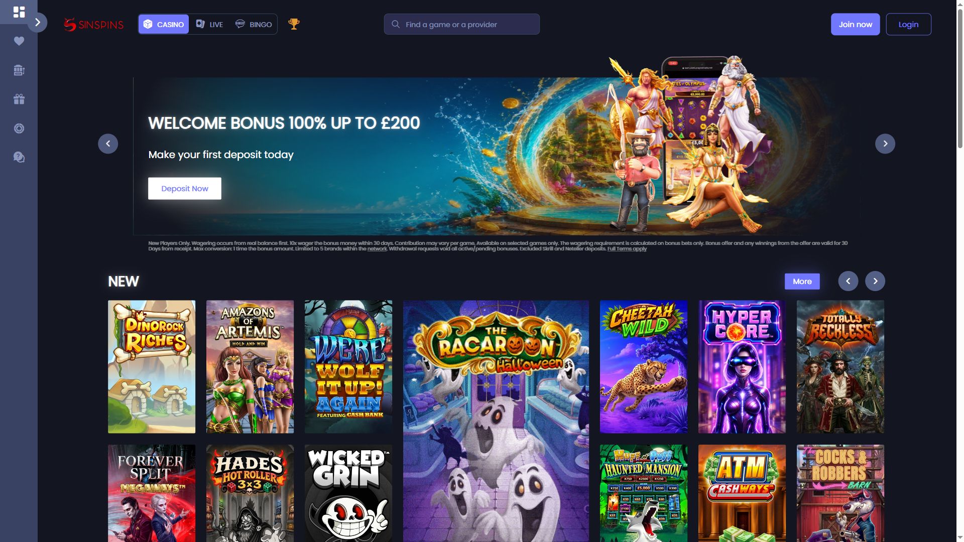 SinSpins — Homepage (Desktop)