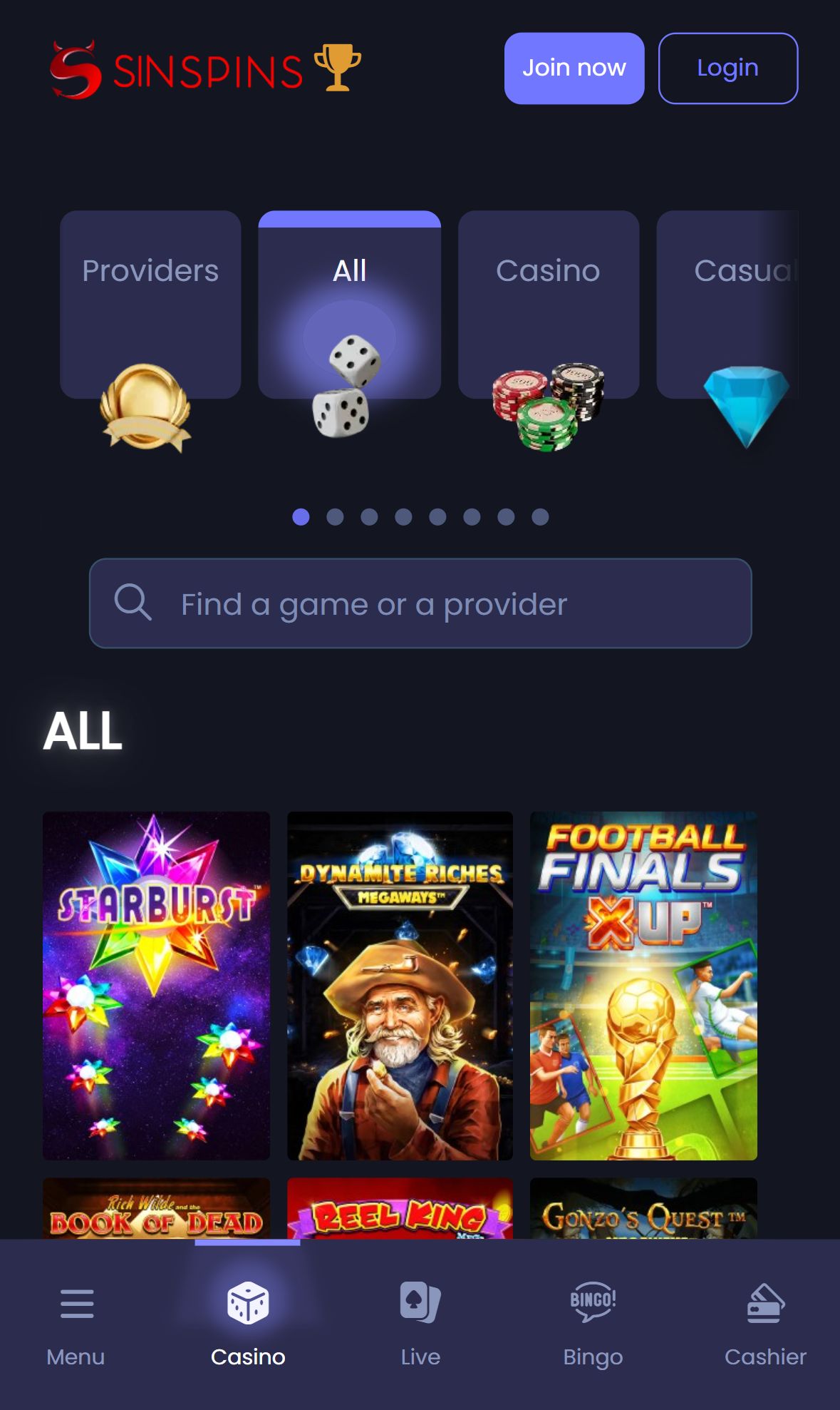 SinSpins — Lobby (Mobile)