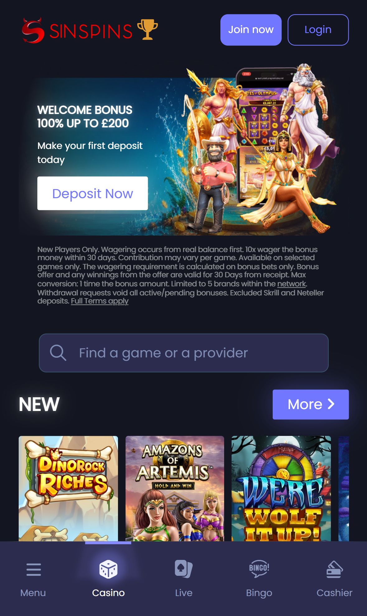 SinSpins — Homepage (Mobile)