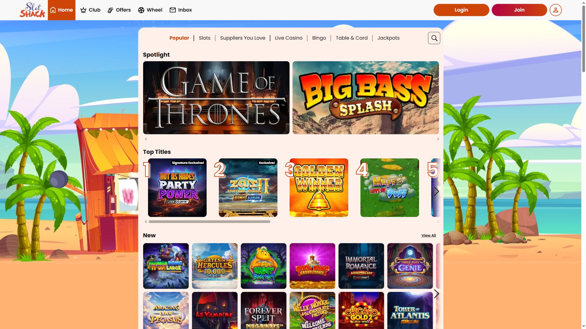 Slot Shack — Lobby (Desktop)