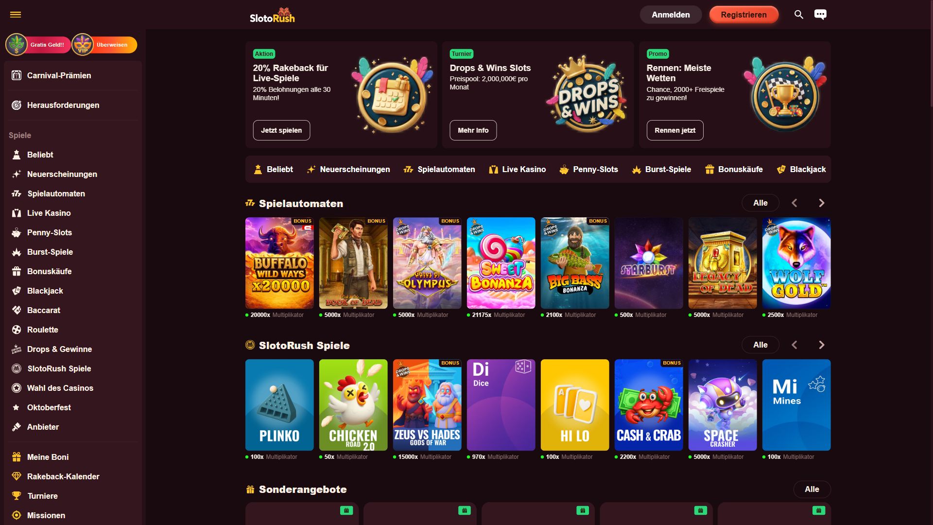 SlotoRush — Startseite (Desktop)
