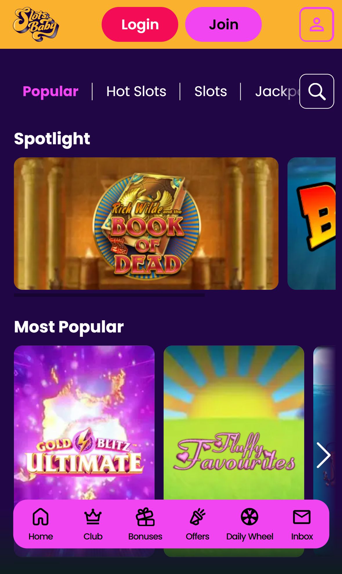 Slots Baby — Lobby (Mobile)