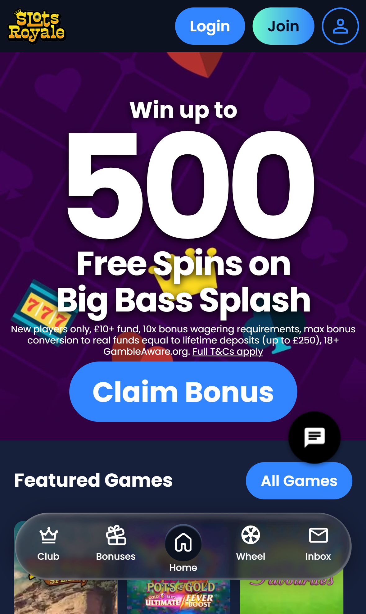 Slots Royale — Homepage (Mobile)