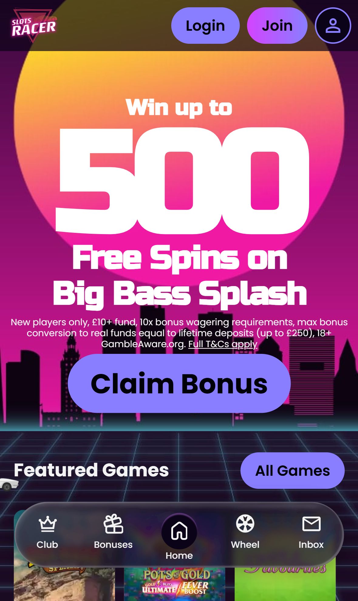Slots Racer — Homepage (Mobile)