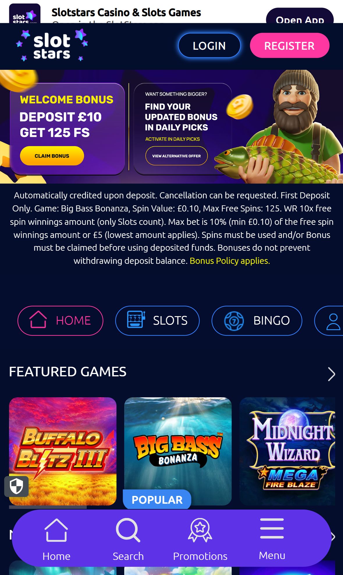 Slotstars — Homepage (Mobile)