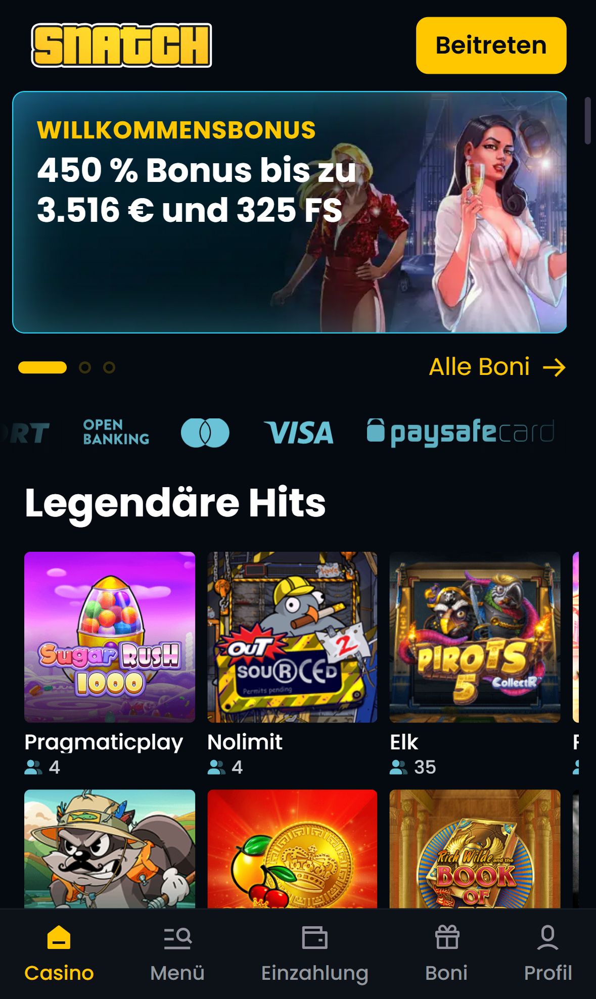 Snatch Casino — Startseite (Mobil)