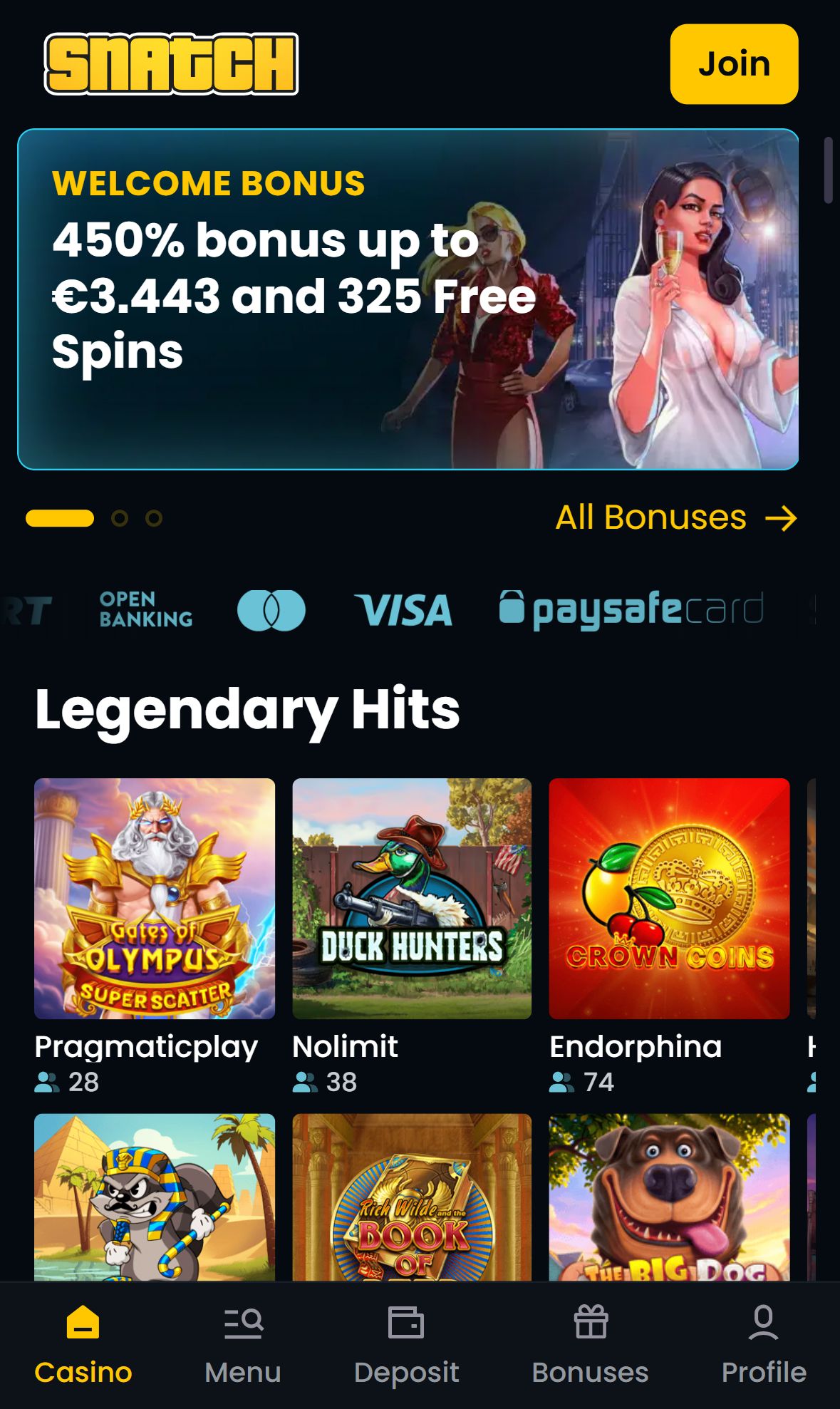 Snatch Casino — Homepage (Mobile)